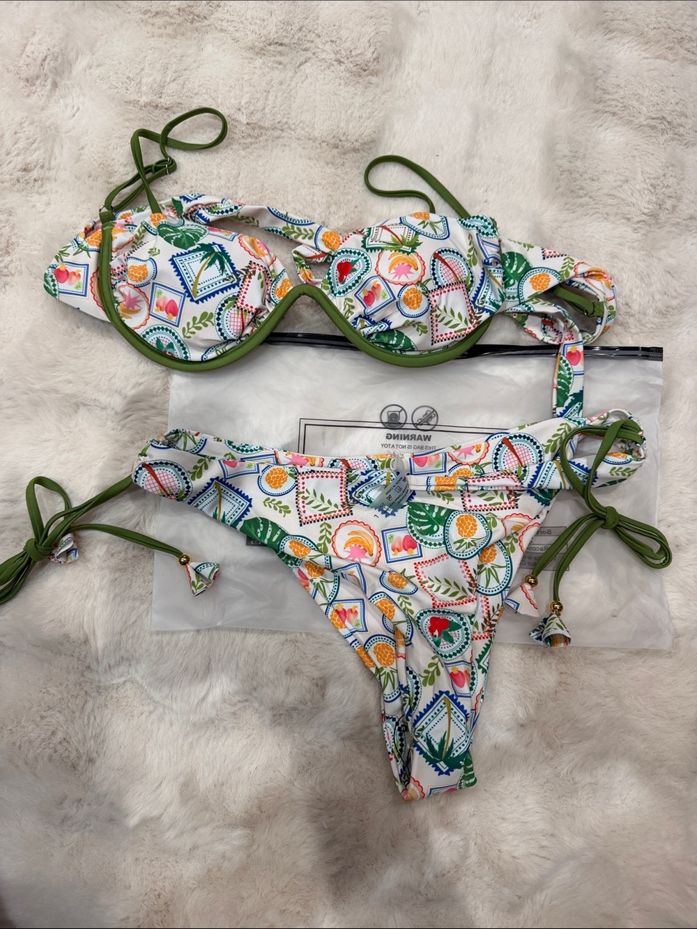 SHEIN White Multicolor Tile-Print Bikini with Olive Trim